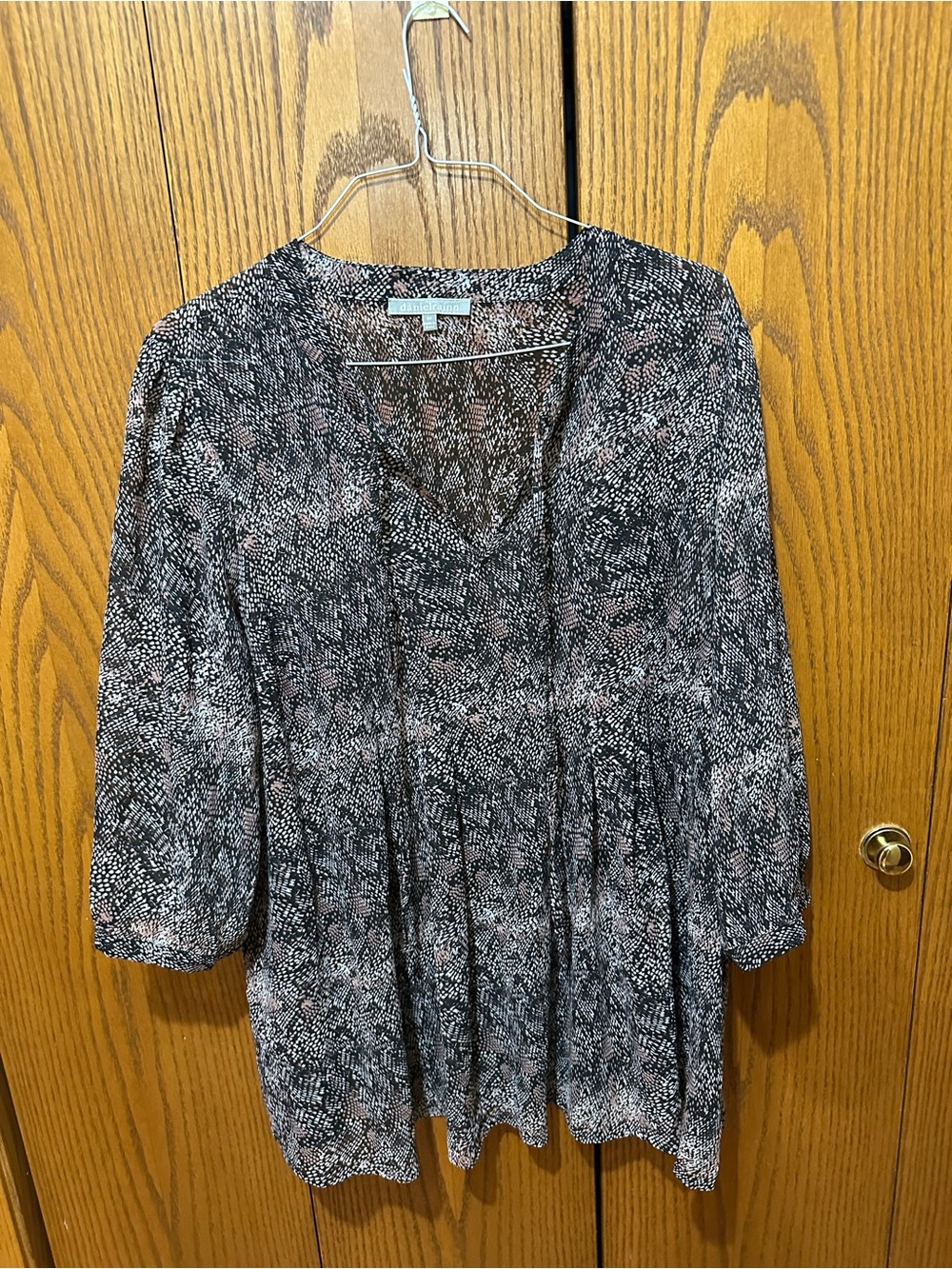Daniel Rainn Woven V-Neck Peplum Blouse - Black & Pink Print